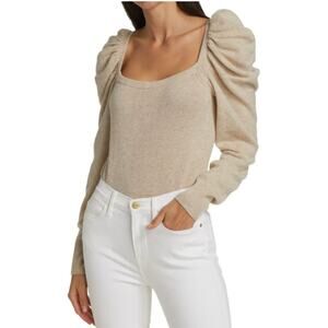 Frame Femme Square Neckline Cashmere Sweater Small Beige Ruched Sleeves